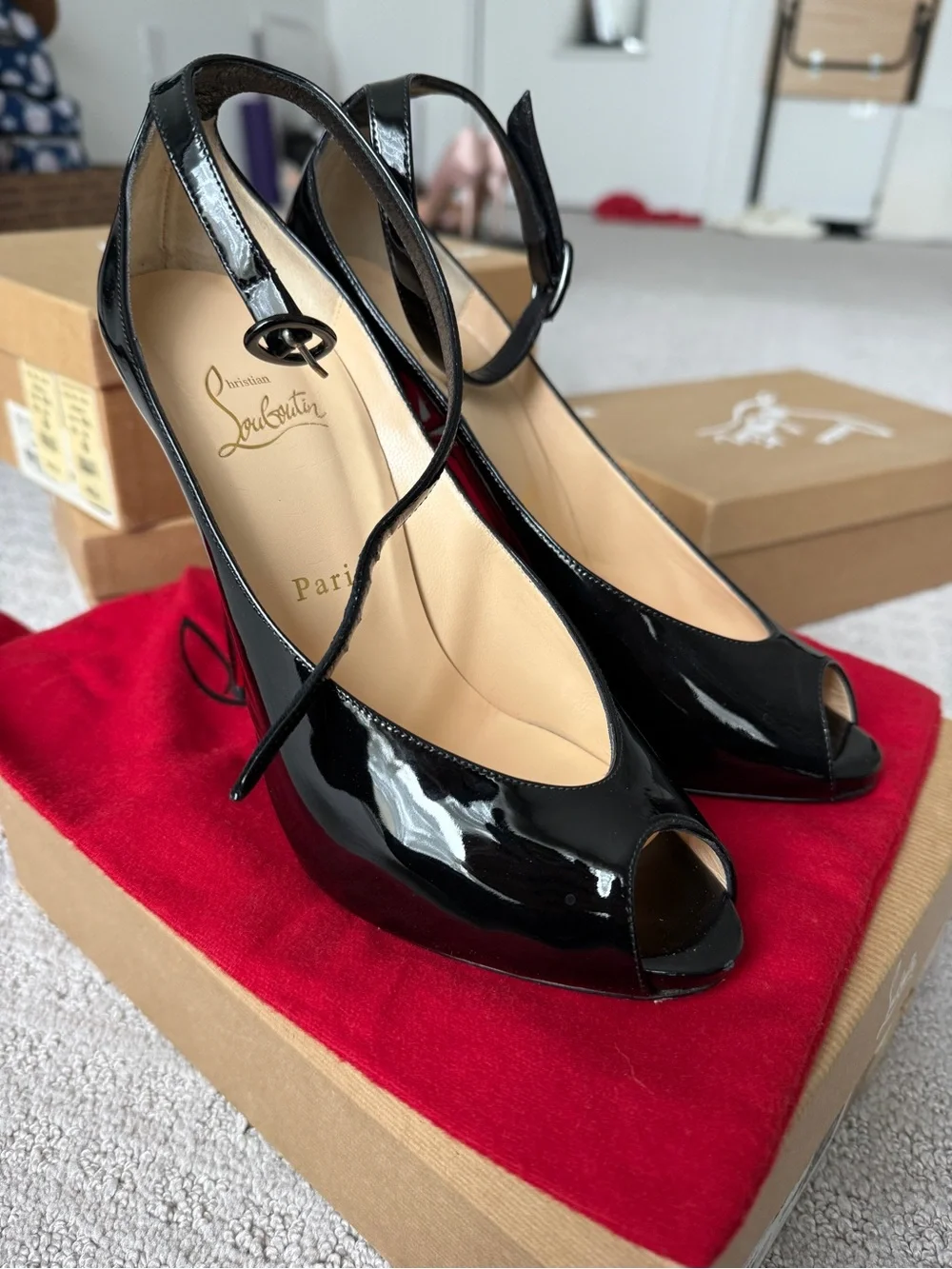 Christian Louboutin Black Patent Leather Peep-Toe Heels